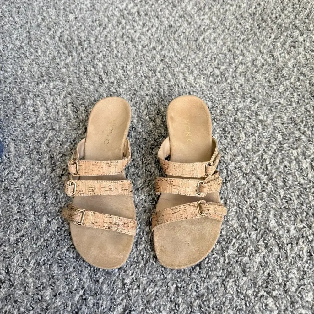 VIONIC 381DWYN Cork Triple Strap Wedge Slide Sandals Womens Size 8 Comfort